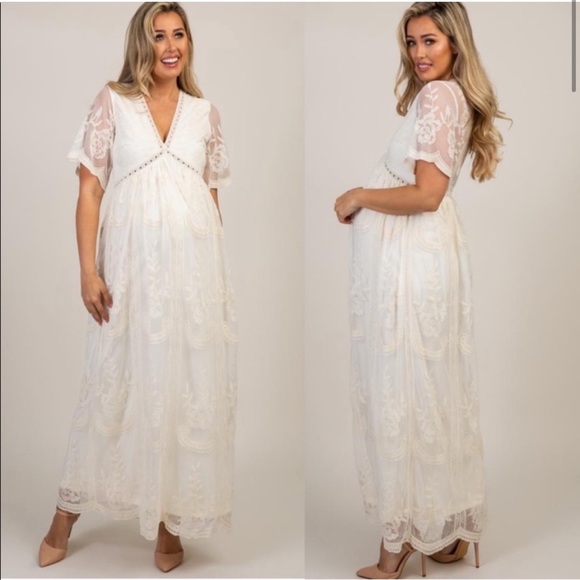Pinkblush Dresses & Skirts - PinkBlush Cream White Lace Overlay V Neck Maternity Maxi Dress